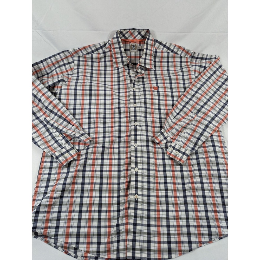 Cinch Long Sleeve Western Shirt Button Down Collar Orange Blue Plaid Men's L